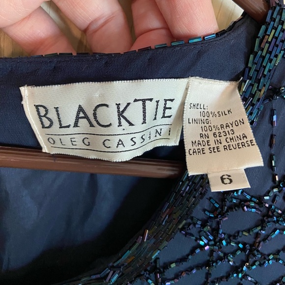 Vintage 90s Oleg Cassini Black Tie Beaded Silk Midnight Blue Cocktail Dress 6 - Picture 4 of 12